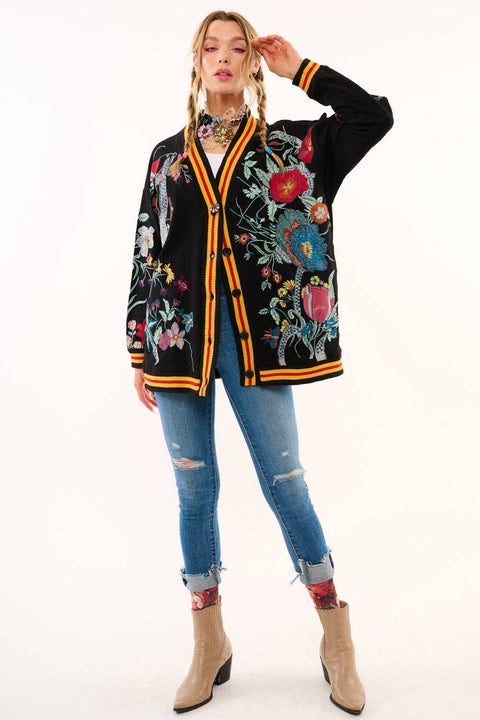 French Terry Cardigan - Hermione Night Floral Embroidery