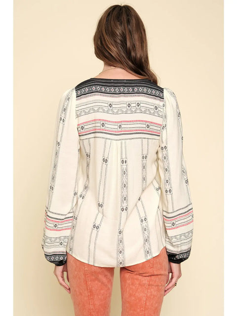Top - Border Print Cream Mix