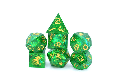 Captured Magic Hand Sanded Sharp Edge Resin Dice Set - Green + Gold