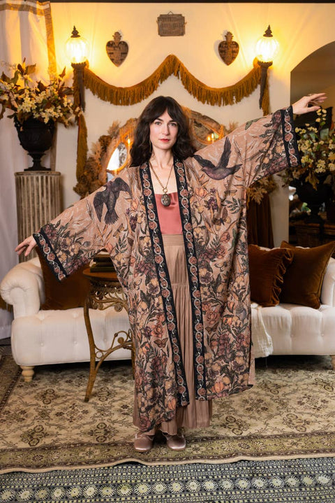 Opera Duster Kimono Robe - Momento with Starlings & Skull
