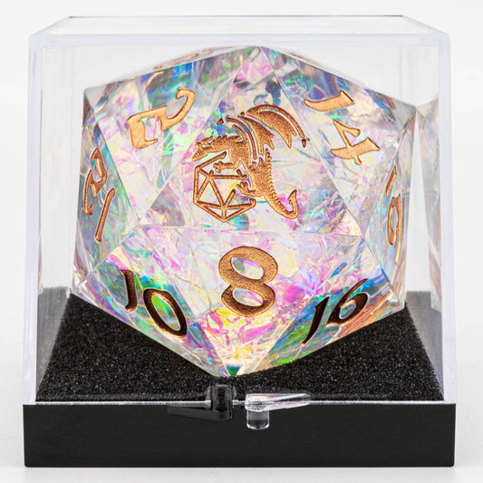 Sharp Edged Resin 55mm D20 - Opal w/ Copper Ink