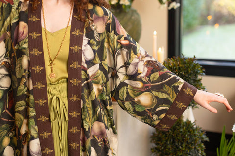 Opera Duster Kimono Robe - Fleur De Lune with Florals & Bees