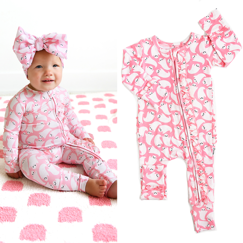 Last One - Size 3/6M: Coverall (Zipper) - Glinda Ghosts Ruffle Bamboo