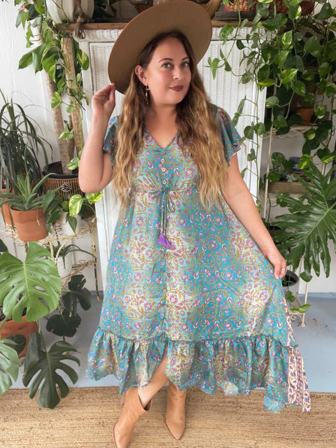 Dress (Silk Maxi Ruffle Butterfly Sleeves) - Ombré Blue