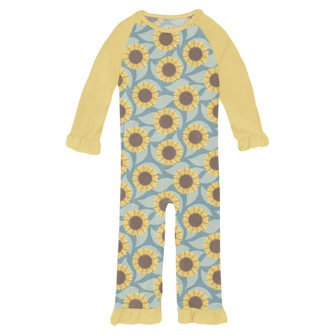 Ruffle Raglan Romper - Stormy Sea Sunflower