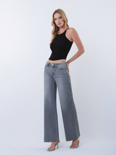 Jeans - Mid Rise Clean Cut Raw Hem Wide Leg: Grey