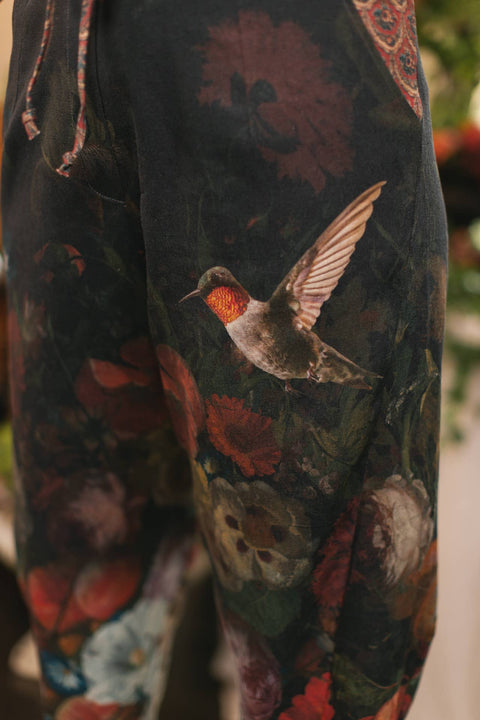 Linen Cropped Artist Pants - Flight of Fancy with Hummingbird
