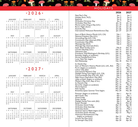 Image shows two pages of the planner. One has a calendar for each year, and one has holidays listed.