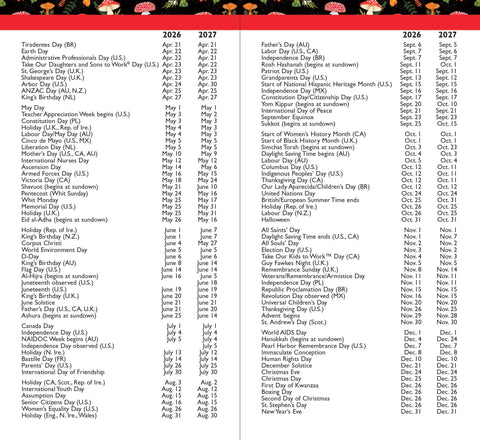 Image shows holidays listed for both years