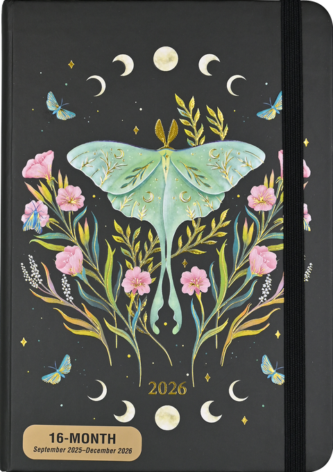 Image shows a 2026 weekly planner. The background is black with a luna moth, flowers, and the moon cycle.