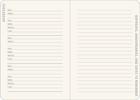 Image shows one page for addresses and one page for important dates to remember