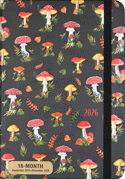 Image shows the cover of the 2026 weekly planner. It has various mushrooms on a black background.