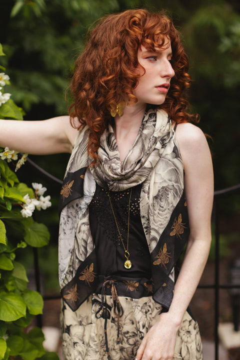 Scarf  - Honey & The Moon with Neutral Floral Print & Bees