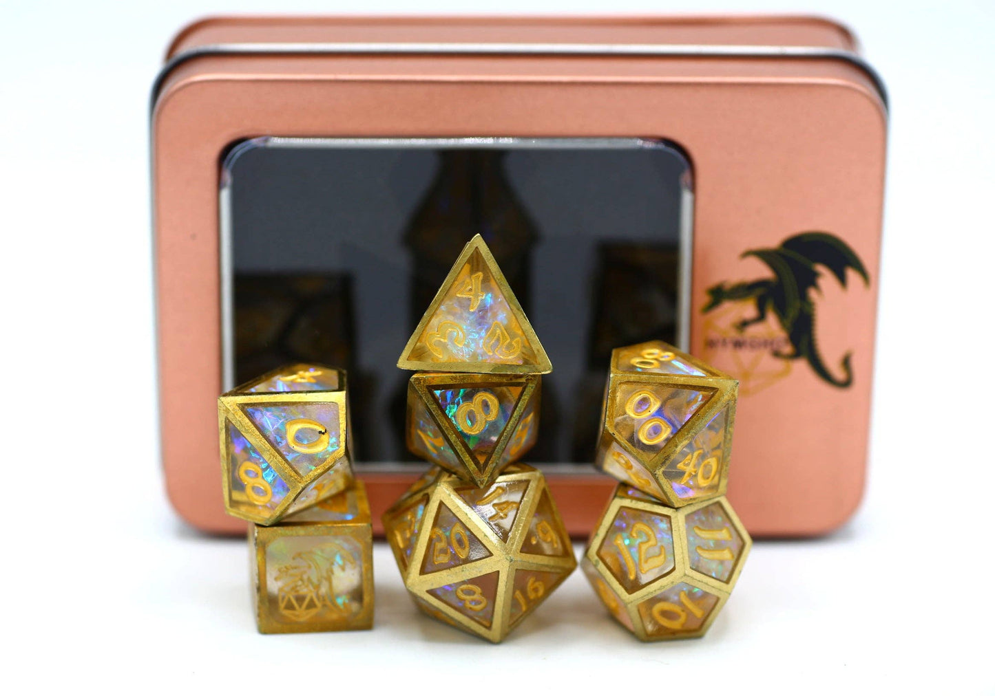 Caged Resin Dice set - Opal with Brass Frame