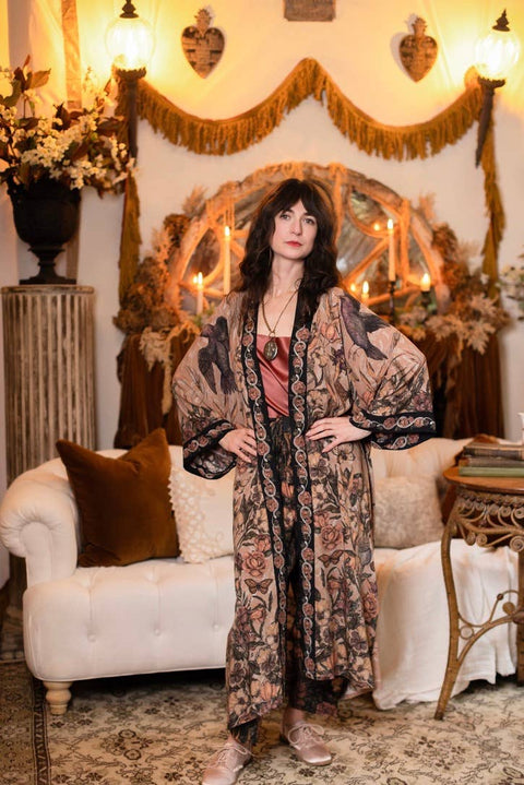 Opera Duster Kimono Robe - Momento with Starlings & Skull