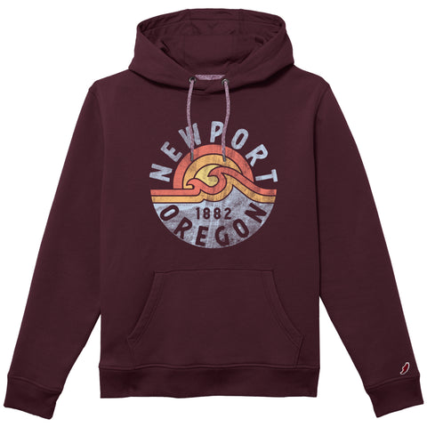 Sweatshirt (Hoodie) - Old School Orb Sun + Waves Newport, Oregon (Maroon)
