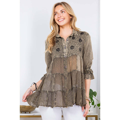 Women’s Mexican Embroidery Blouse - Gathered Waist Shirt: Gravel (Plus Size)