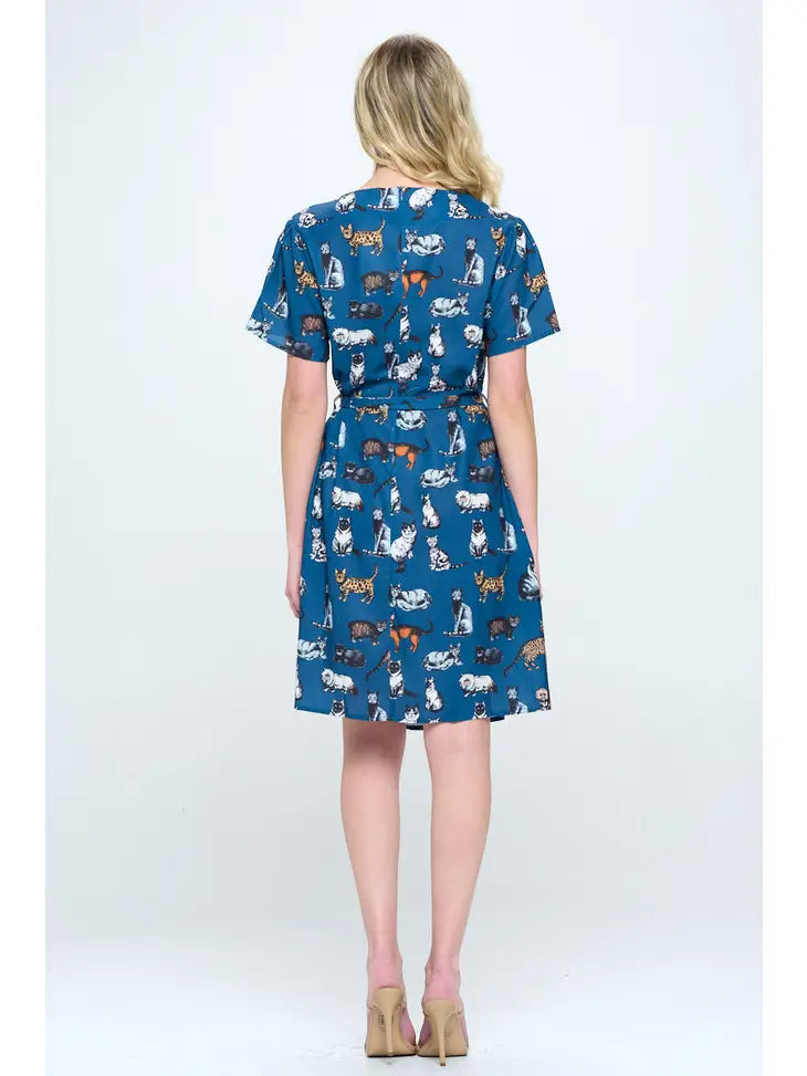 Dress - All Over Cat Blue With Pocket