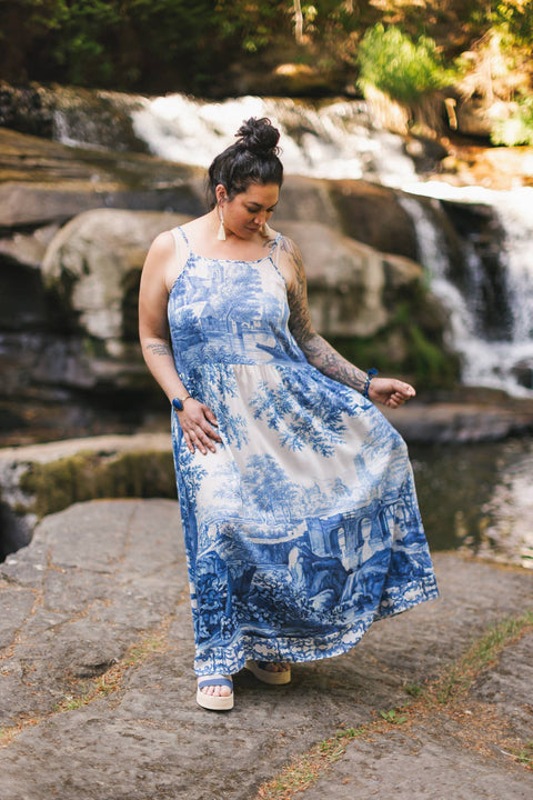 Bohéme Long Maxi Slip Dress - Let the Light In with Delft Print