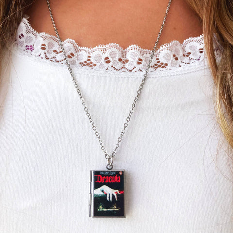 Necklace - Book Locket Dracula Black with Lingering Hand: Stainless Steel