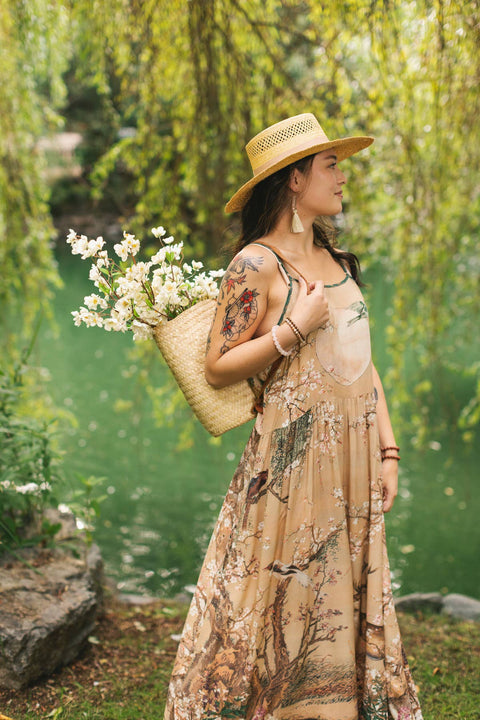Long Maxi Slip Dress - Fable Bohéme w/ Blossoms, Deer & Moon
