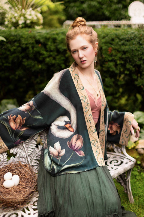 Pixie Crop Kimono - Under My Wing Swan & feathers