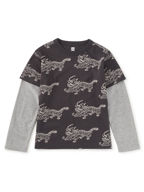 Printed Layered Sleeve Tee - Korean Pottery Dragons