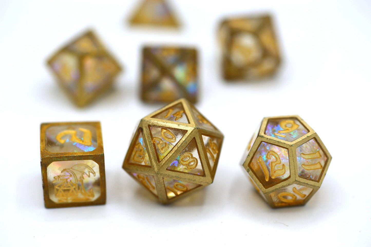 Caged Resin Dice set - Opal with Brass Frame