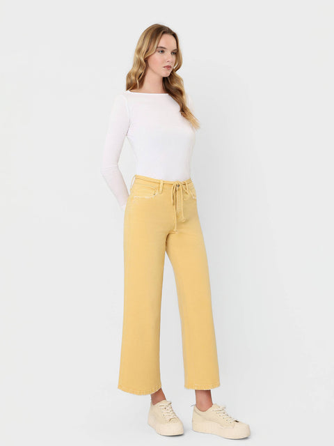 Jeans - High Rise Drawstring Crop Wide Leg: Marigold