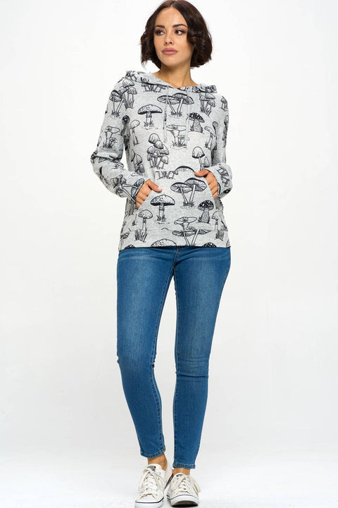 Hoodie - Black and White Mushroom Print (Plus Size)