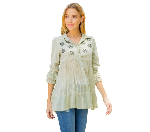 Women’s Mexican Embroidery Blouse - Gathered Waist Shirt: Gravel (Plus Size)
