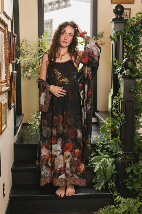 Bohéme Long Maxi Slip Dress - Flight of Fancy with Hummingbirds