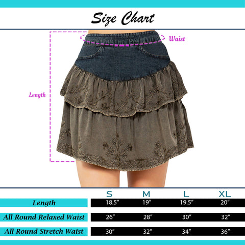 Mini Skirt - Boho Denim Fusion Overdyed Mini Skirt with Tiers of Denim Gravel