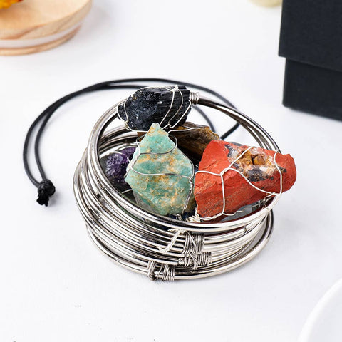 Wall Hanging - Natural 7 Chakra Raw Stone (Silver Hoop)