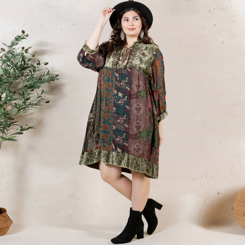 Chic Bohemian Stone-Washed Babydoll Dress - Gravel (Plus Size)