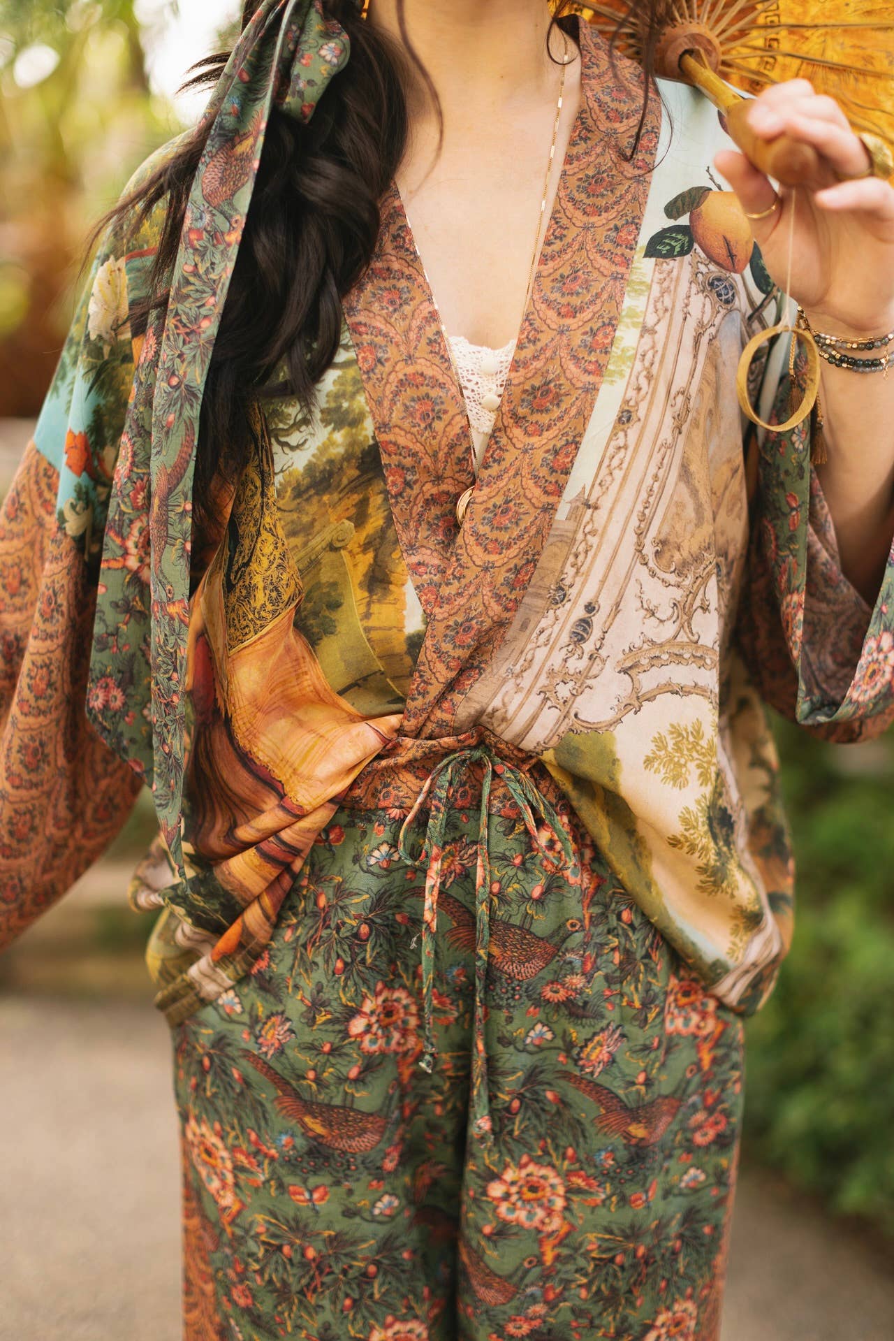 Cropped Bamboo Kimono Cardigan - Secret Garden with Swan