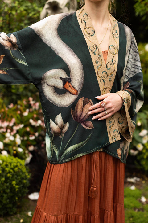 Pixie Crop Kimono - Under My Wing Swan & feathers