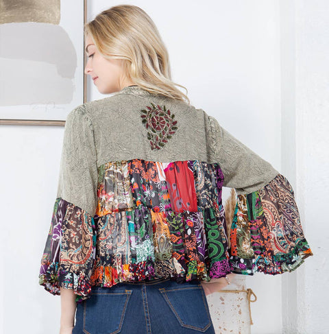 Tiered Patchwork Cropped Shrug - Vintage Bohemian Gravel