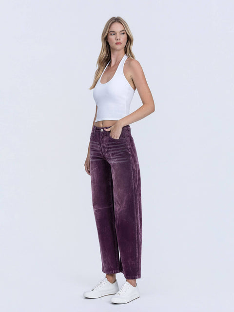 Jeans - High Rise Velvet Flocked Barrel Leg: Purple