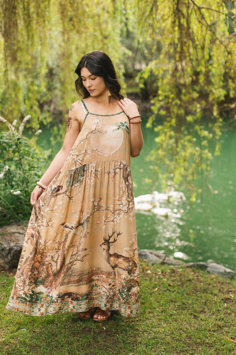Long Maxi Slip Dress - Fable Bohéme w/ Blossoms, Deer & Moon