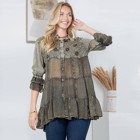 Women’s Mexican Embroidery Blouse - Gathered Waist Shirt: Gravel (Plus Size)
