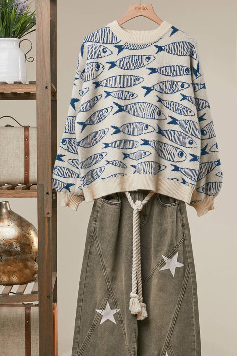 Sardine Story Knit Sweater: Blue / L