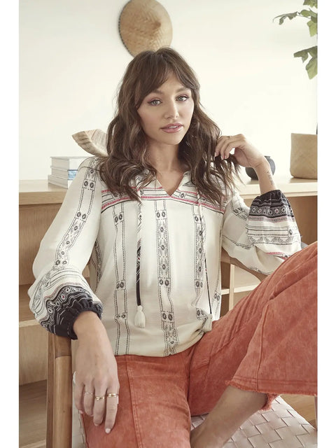 Top - Border Print Cream Mix