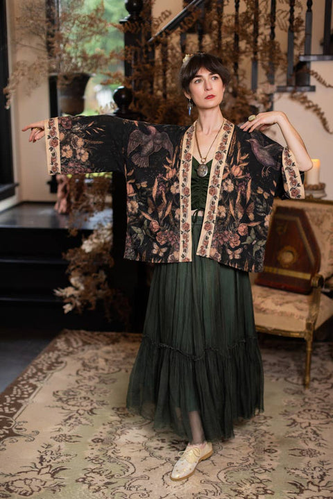 Pixie Duster Crop Kimono - Momento with Floral, Starling & Skull