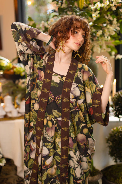 Opera Duster Kimono Robe - Fleur De Lune with Florals & Bees