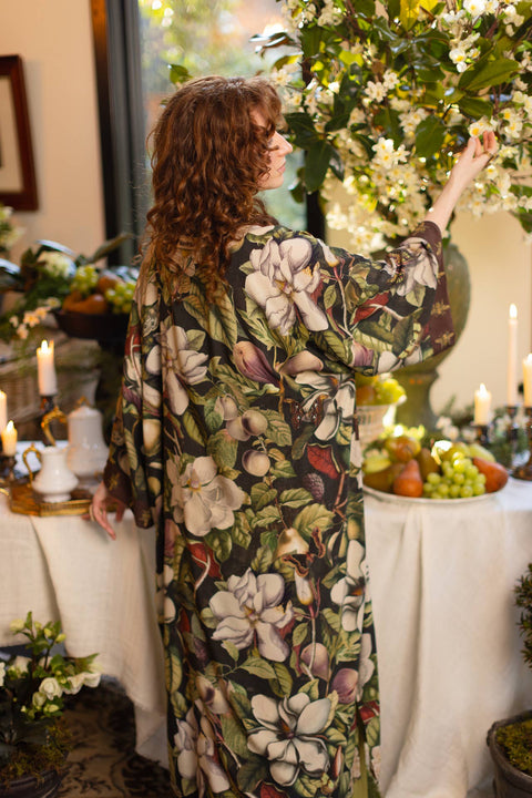Opera Duster Kimono Robe - Fleur De Lune with Florals & Bees
