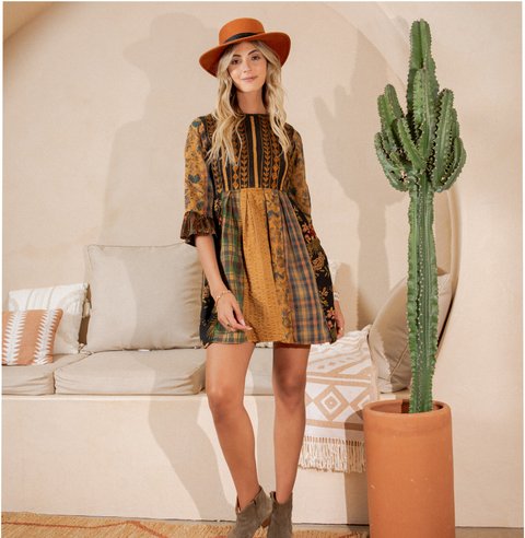 Mini Dress - Rustic Bohemian Fit and Flare Patchwork Camel