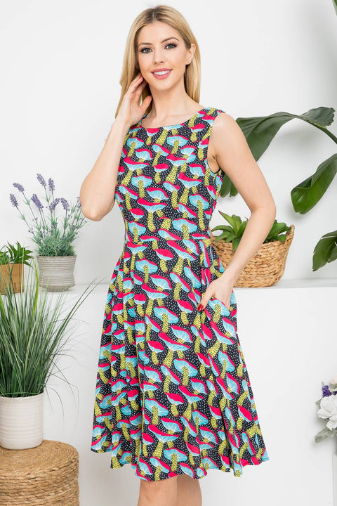 Dress - Mushroom Print Fit and Flare Midi Length