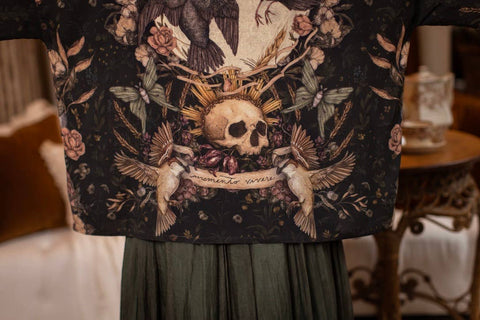 Pixie Duster Crop Kimono - Momento with Floral, Starling & Skull