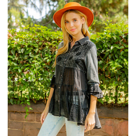 Women’s Mexican Embroidery Blouse - Gathered Waist Shirt: Gravel (Plus Size)